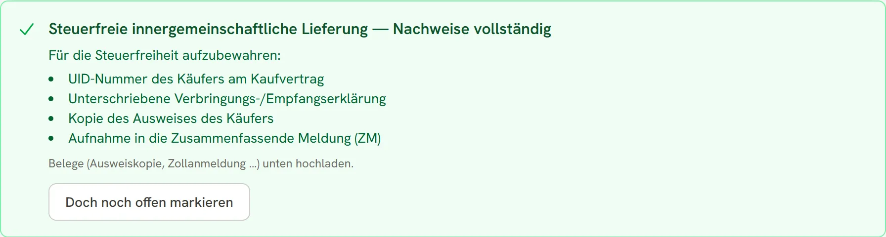 Steuernachweis bei innergemeinschaftlicher Lieferung