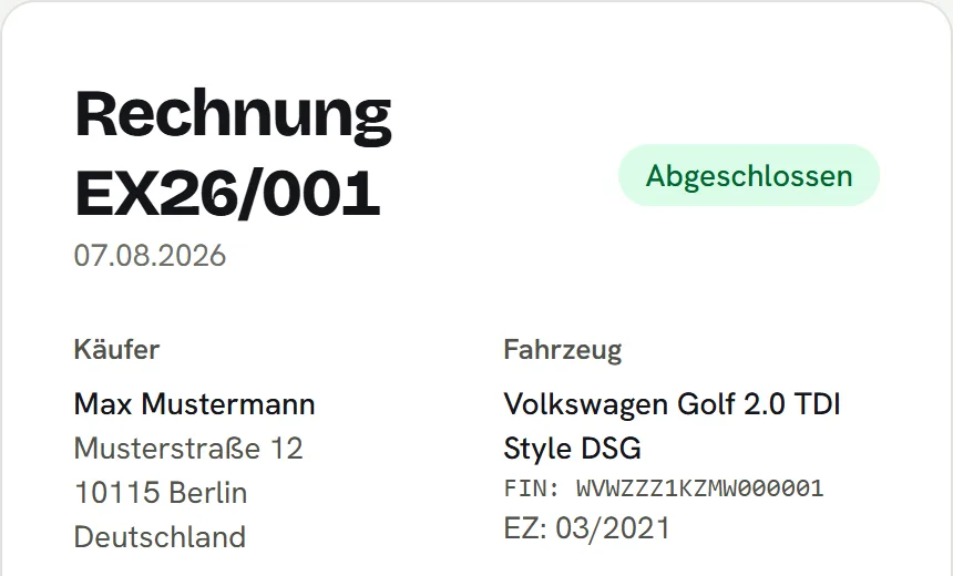 Rechnung mit Käufer, Fahrzeug und Steuerhinweis