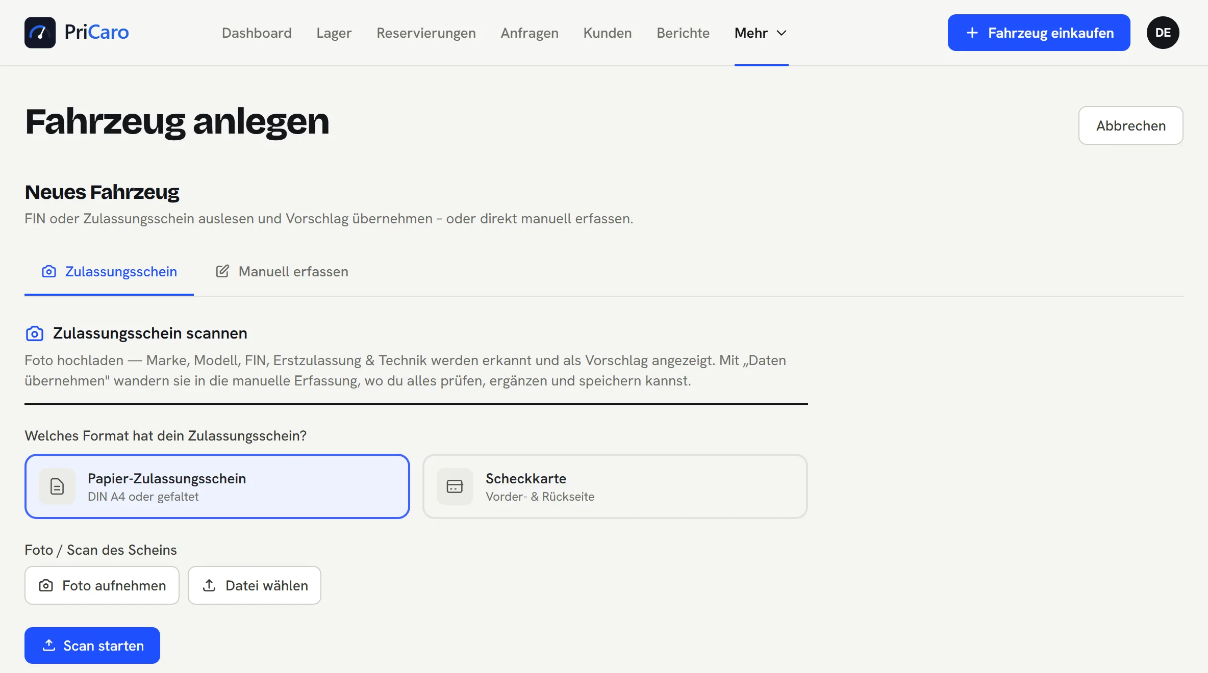 Fahrzeug anlegen mit Zulassungsschein-Scan