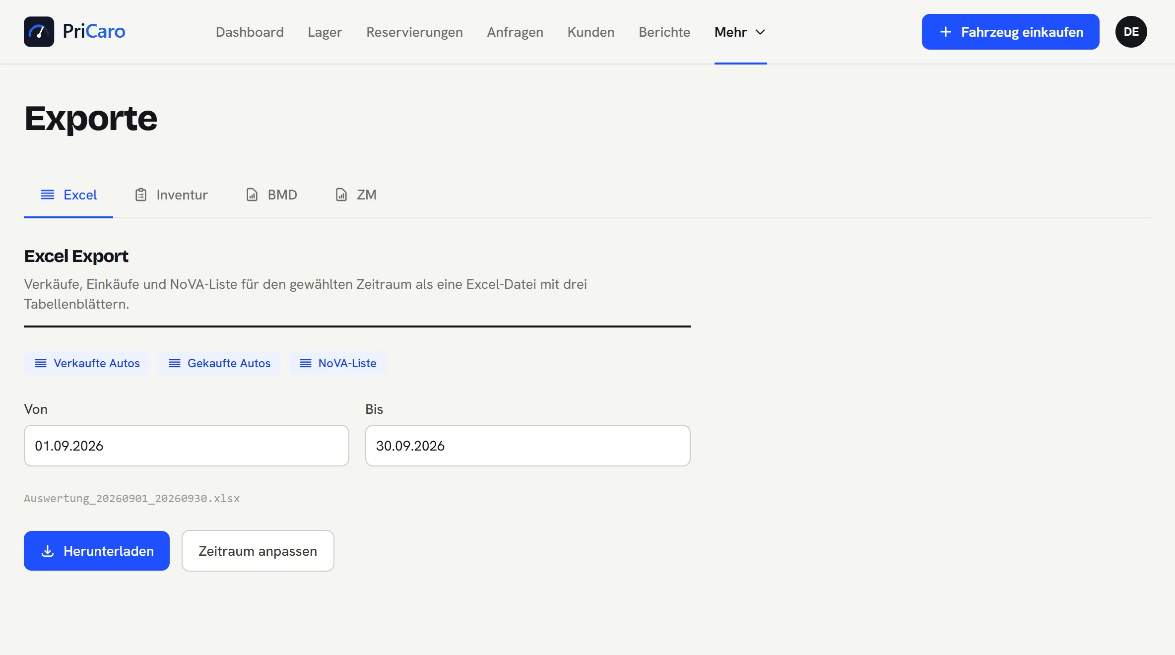 Exportmaske für Buchhaltung und Excel